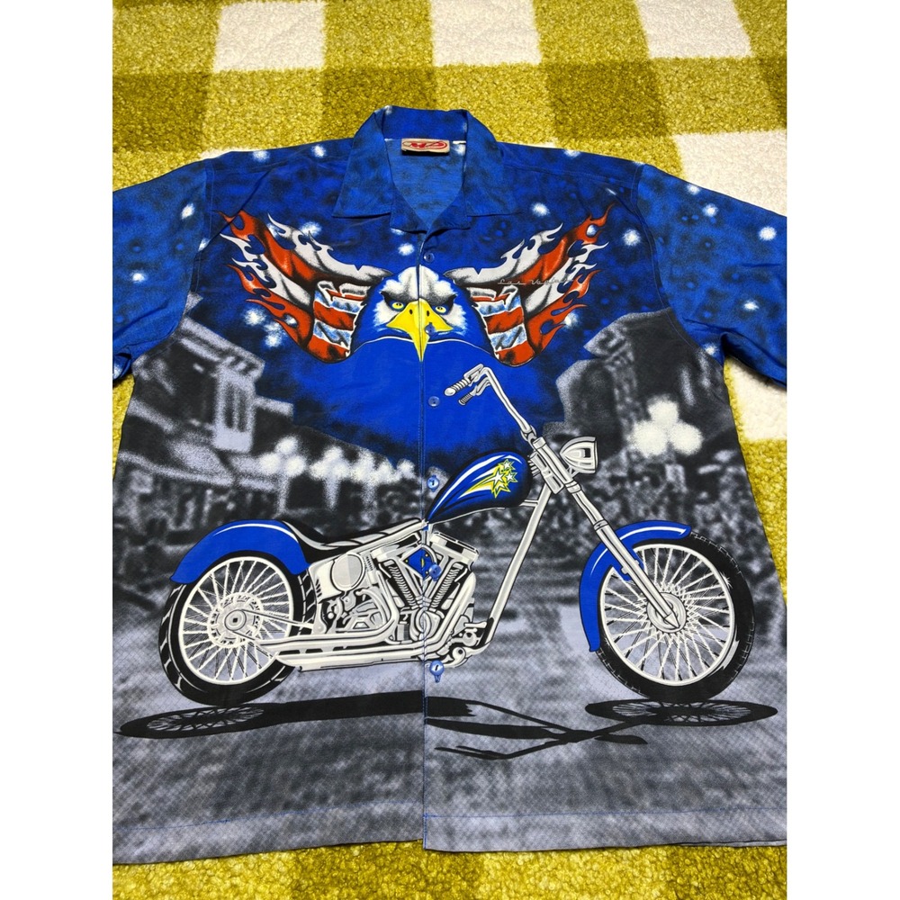 Malibu Dreams Mens Blue Eagle Motorcycle Graphic Button Up Shirt Biker XL - Picture 2 of 6